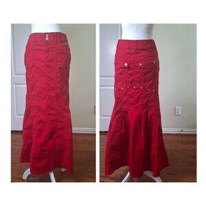VTG 90s BISOU BISOU Jeans Red Mermaid Trumpet Denim Skirt Womens 2 Western Flare